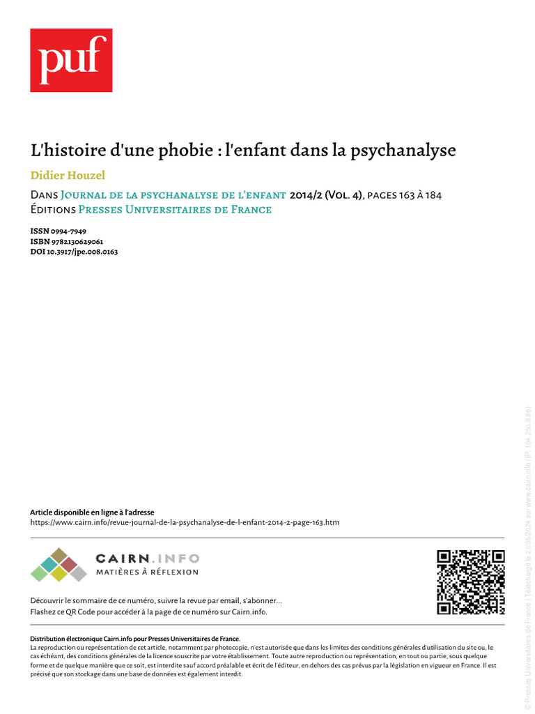 Phobie et psychanalyse de l'enfant | PDF | Sigmund Freud | Psychanalyse