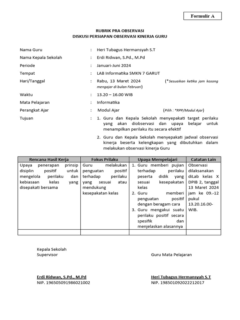 RUBRIK PRA OBSERVASI (Form A) | PDF