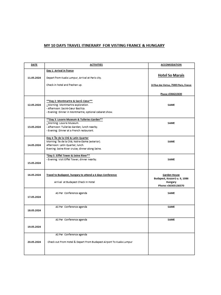 5 Days Travel Itinerary For France Visa Application | Download Free PDF ...
