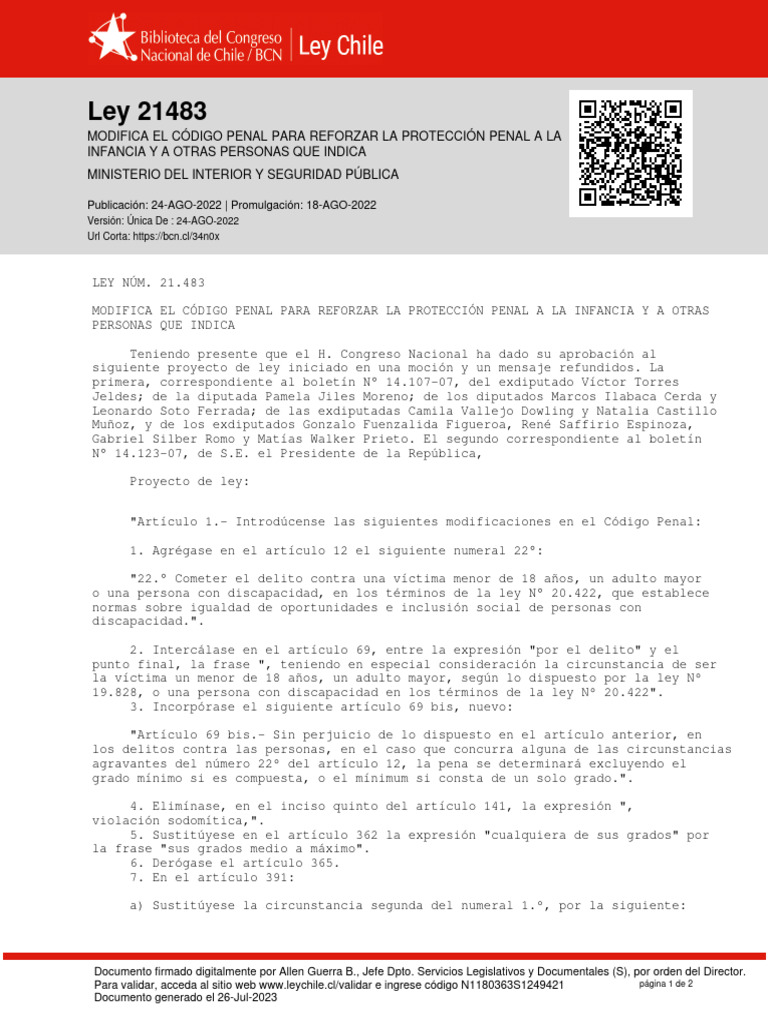 Ley 21483: Protección Penal Infancia | PDF | Homicidio | Chile