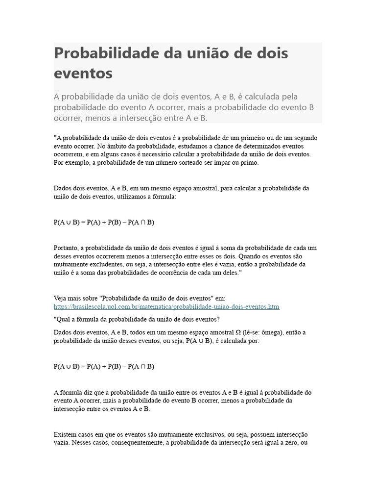 Probabilidade Da União de Dois Eventos | PDF | Probabilidade ...