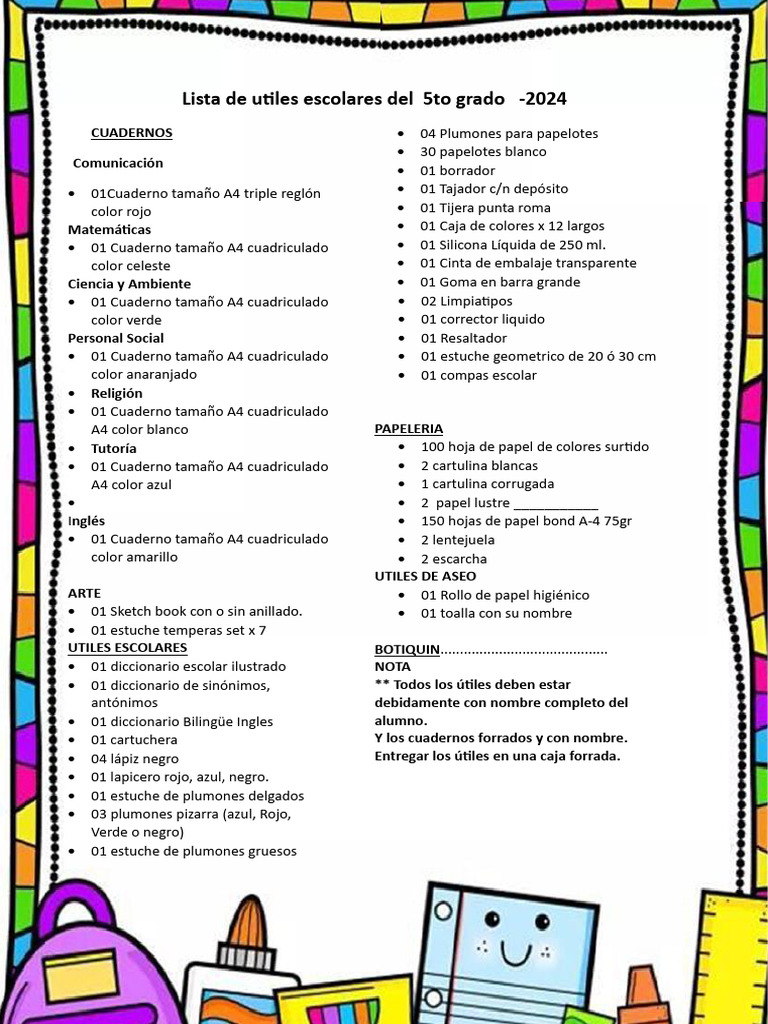 Lista de útiles escolares 5to grado 2024 | PDF | Cuaderno | Papel