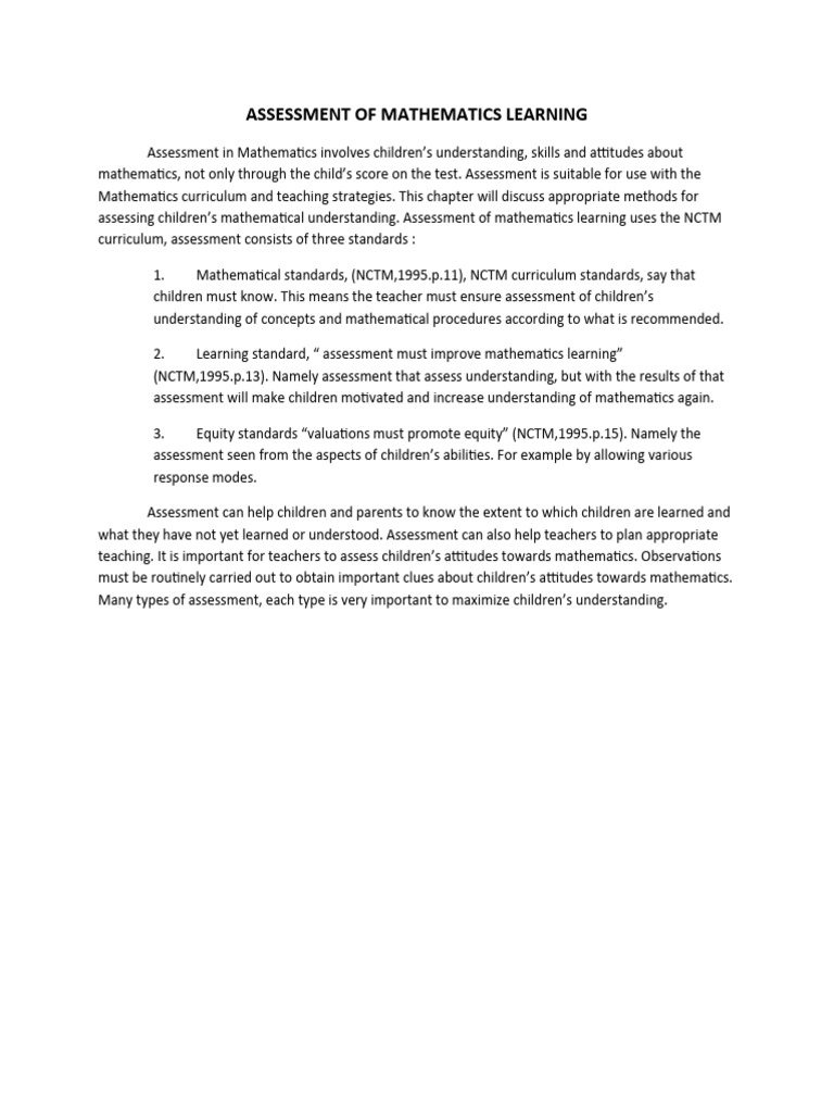 Assessment Of Mathematics Learning Pdf Career Growth Business