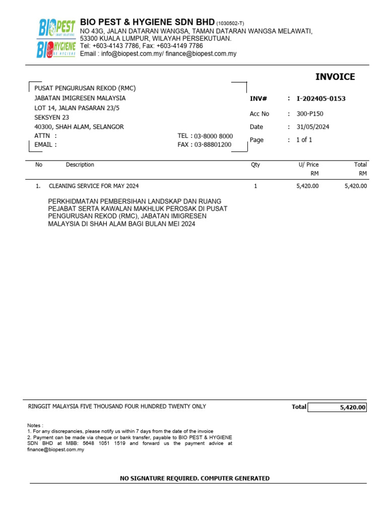 Bio Pest & Hygiene Invoice May 2024 | PDF | Business | Finance & Money ...