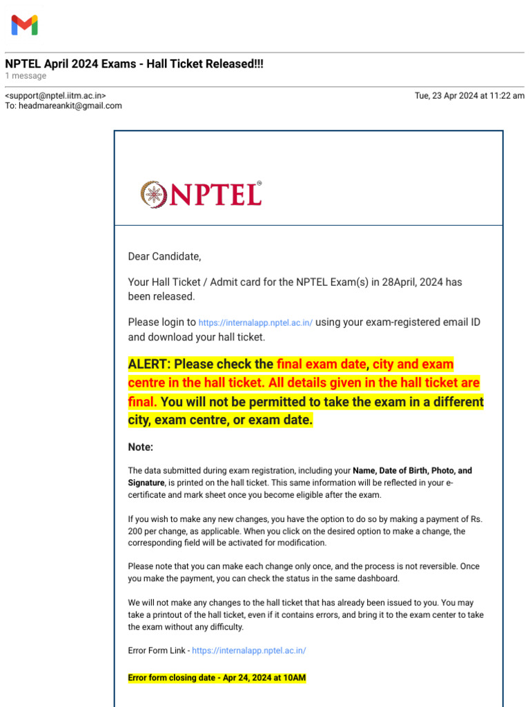 Gmail NPTEL April 2024 Exams Hall Ticket Released!!! PDF