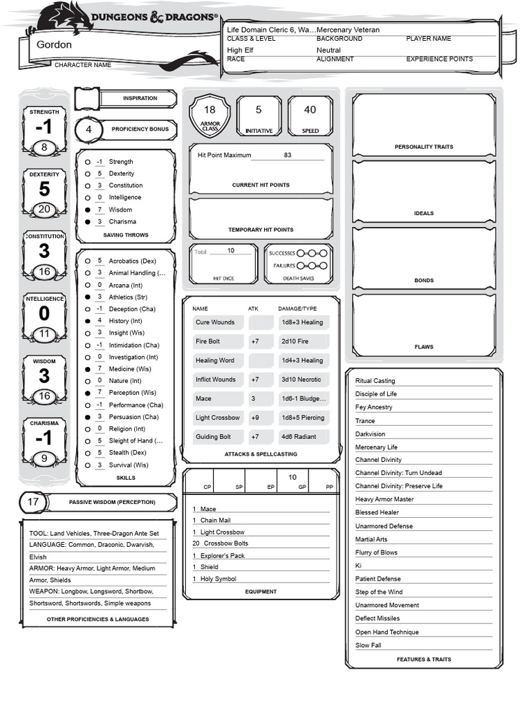 Life Domain Cleric Character Sheet | PDF