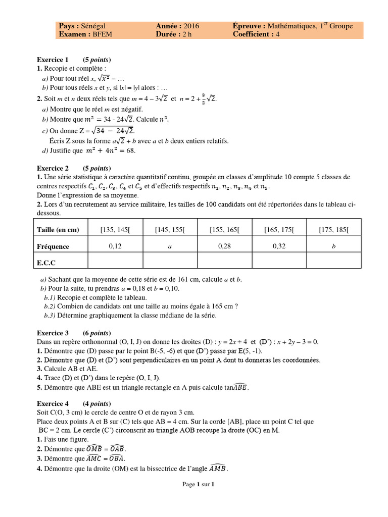 Épreuve de Mathématiques BFEM 2016 | PDF | Triangle | Cercle