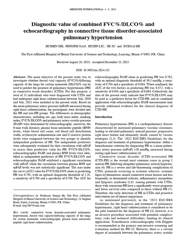 Dr Esti Diagnostic Value Of Combined FVC DLCO And Echocardiography In 