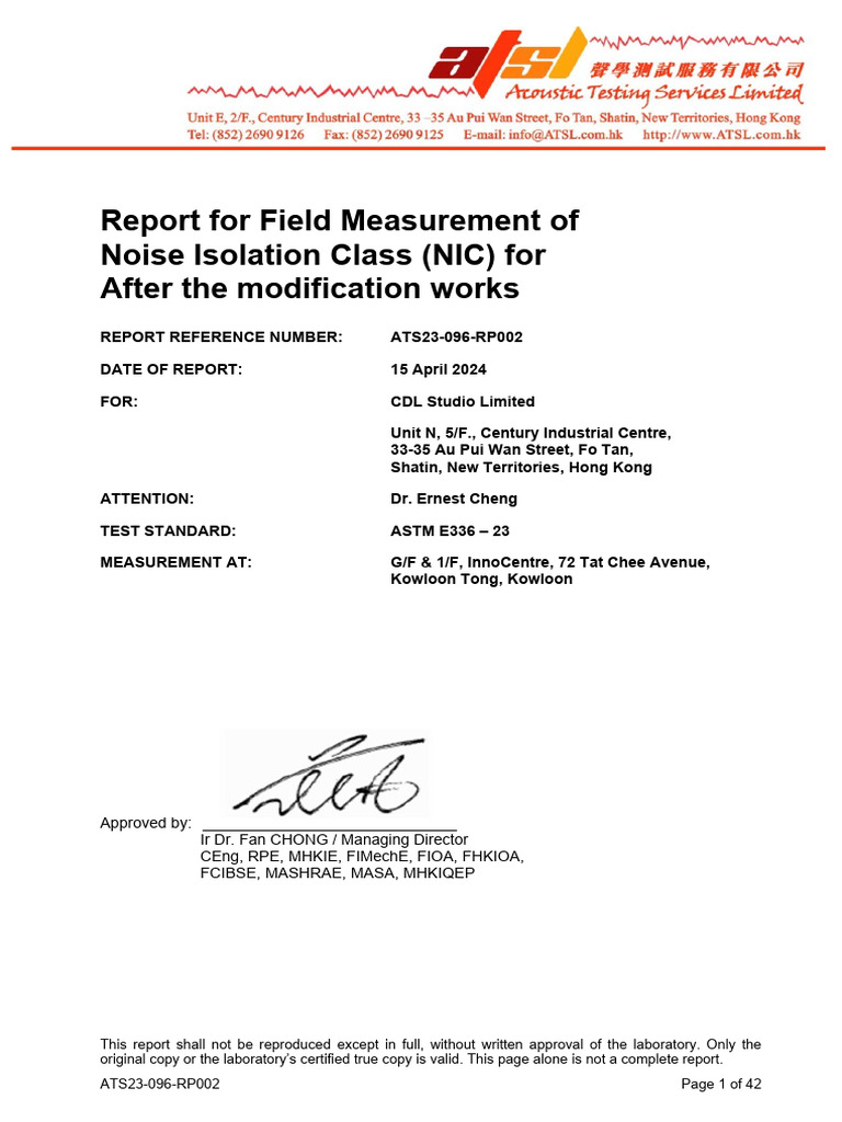 NIC Measurement Report per ASTM E336 | PDF | Noise | Decibel