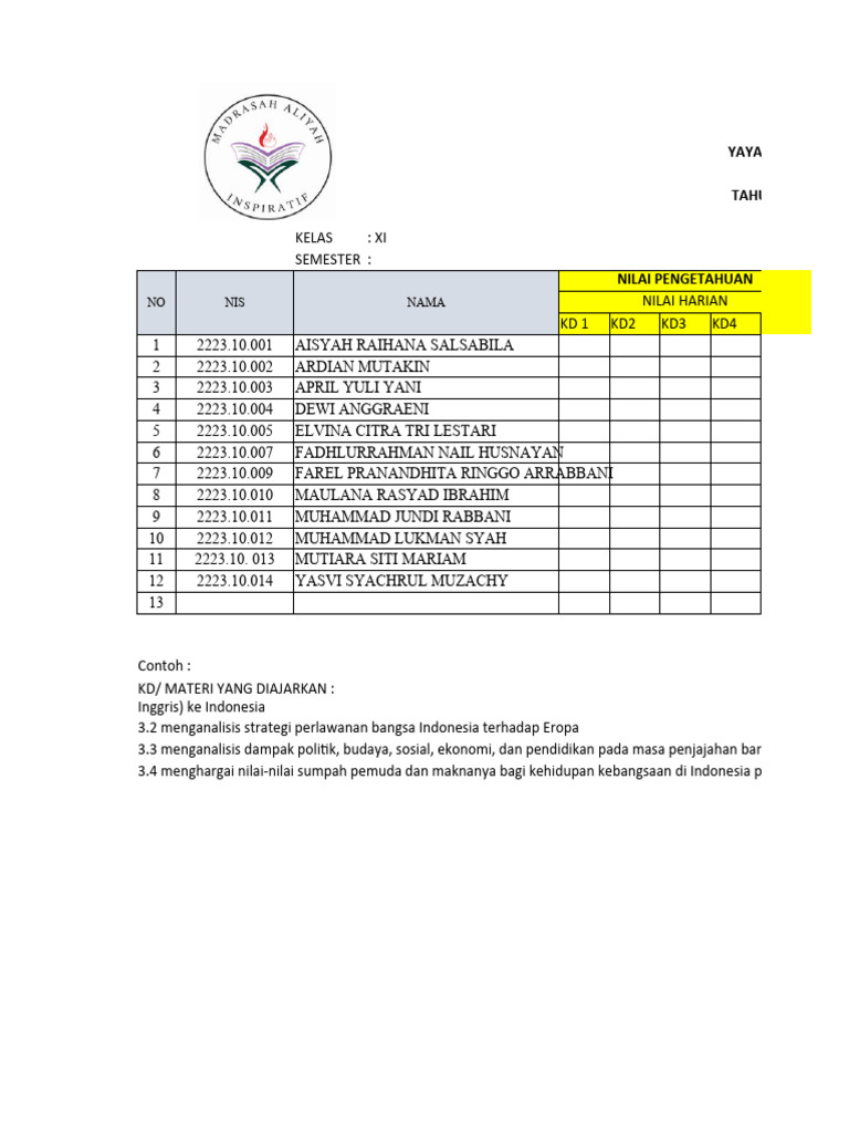 Form Nilai Rapor Ma 2324 | PDF