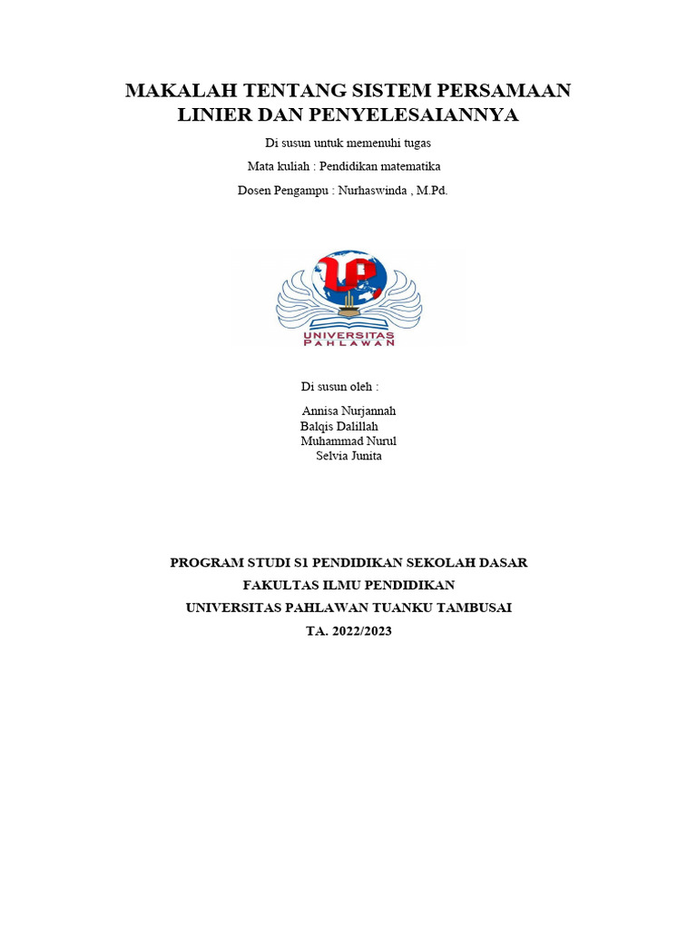 Makalah Tentang Sistem Persamaan Linier Dan Penyelesaiannya Pdf