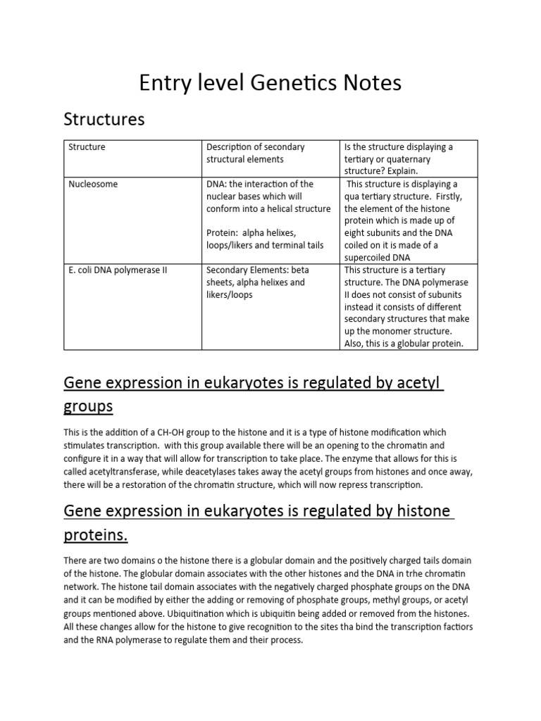 Entry Level Genetics Notes. | PDF | Histone | Chromatin