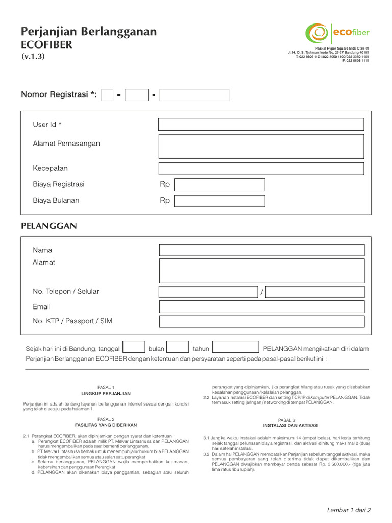 Form Perjanjian ECOFIBER v1.3 | PDF