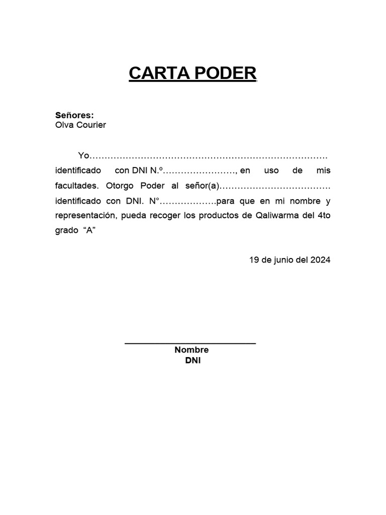 Carta Poder para Recoger Productos Qaliwarma | PDF | Negocios ...