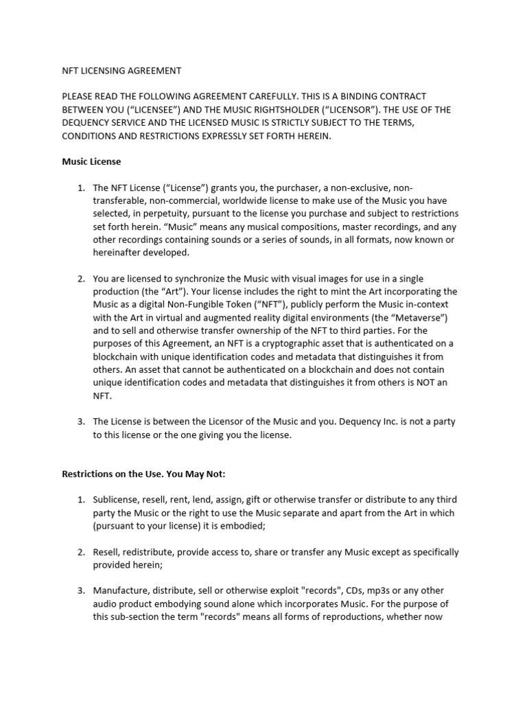 NFT Music Licensing Agreement | PDF | License | Arbitration