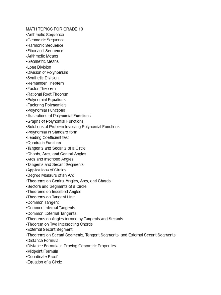 Math Topics For Grade 10 | PDF