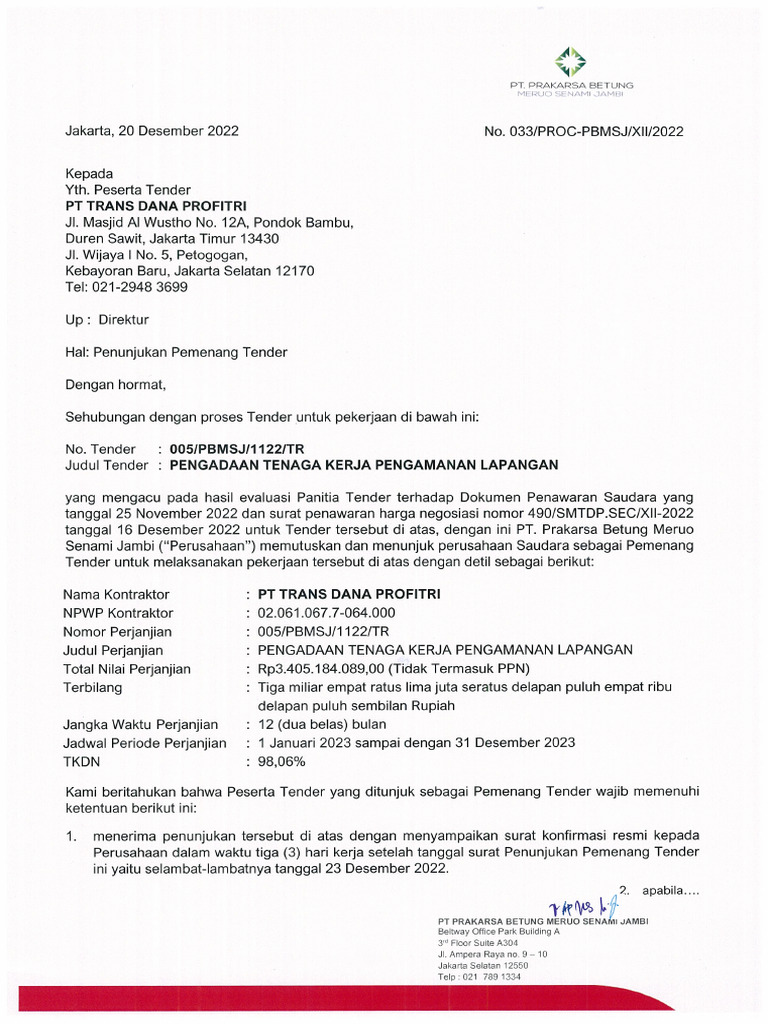 033 - Surat Penunjukan Pemenang Tender - 005PBMSJ1122TR - Pengadaan TK ...
