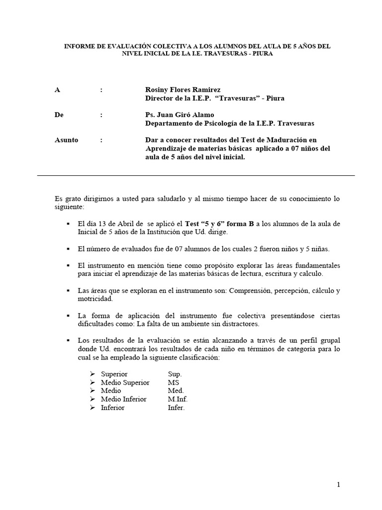 Informe Pre Test 5 y 6 Travesuras | PDF | Modificación de ...