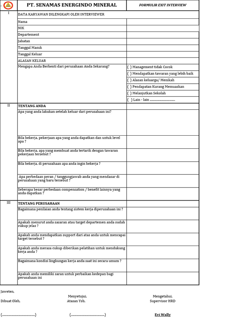 Formulir Exit Interview Karyawan | PDF | Karier & Perkembangan