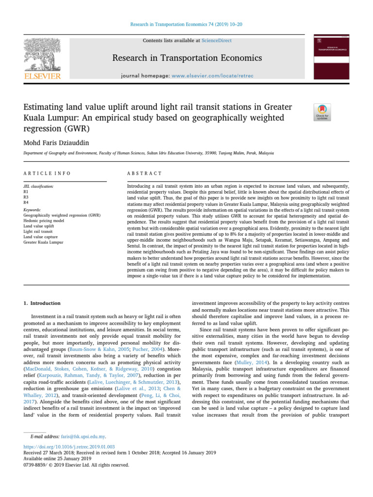 Estimating Land Value Uplift Around Light Rail Transit Stations in ...