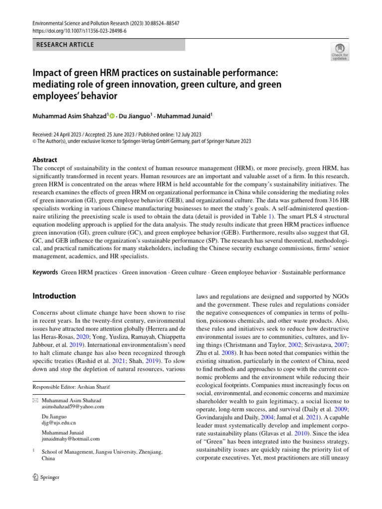 Impact of Green HRM Practices On Sustainable Performance: Mediating ...
