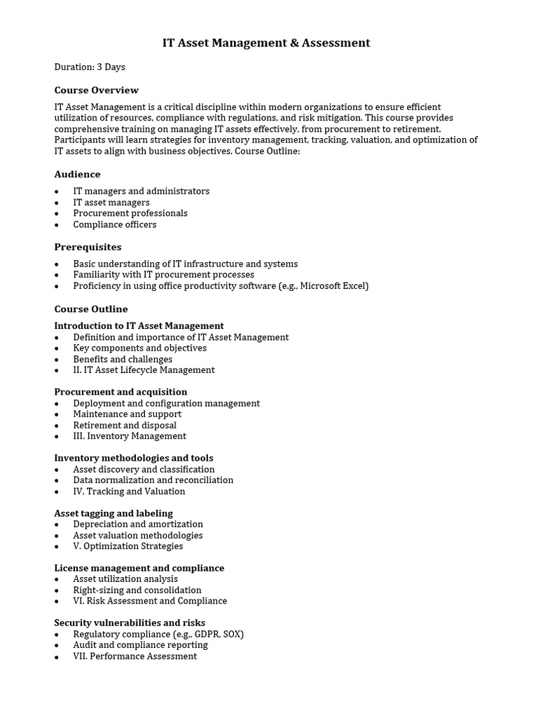 IT Asset Management & Assessment Course Outline. | PDF | Business