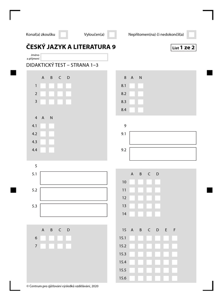Přijímačkový Test - Český Jazyk - 14. - Záznamový Arch | PDF
