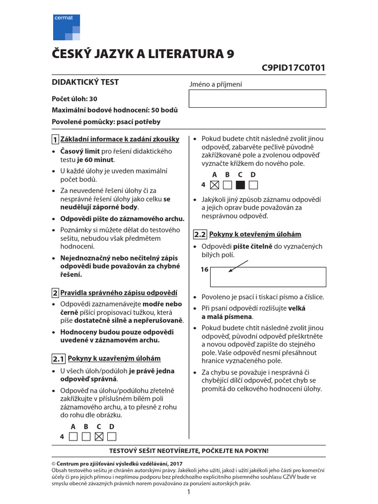 Přijímačkový Test - Český Jazyk - 8. | PDF