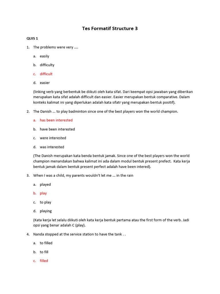 Tes Formatif Structure 3 | PDF | Seni & Disiplin Bahasa