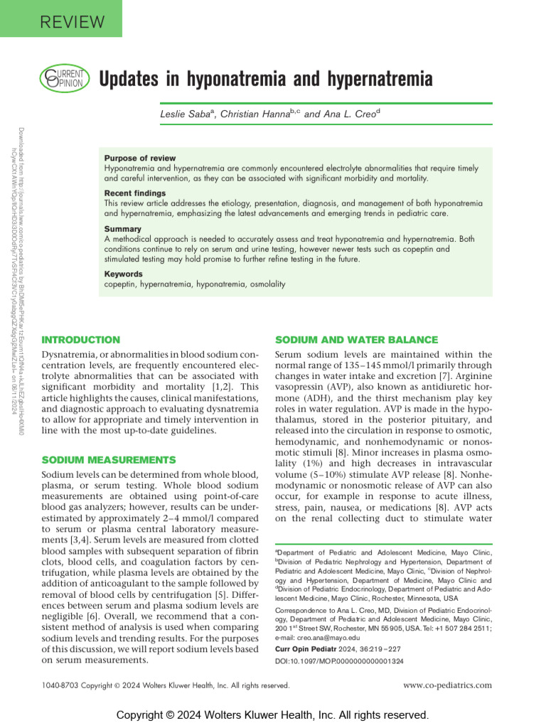 Updates in hyponatremia and hypernatremia | Download Free PDF | Blood ...