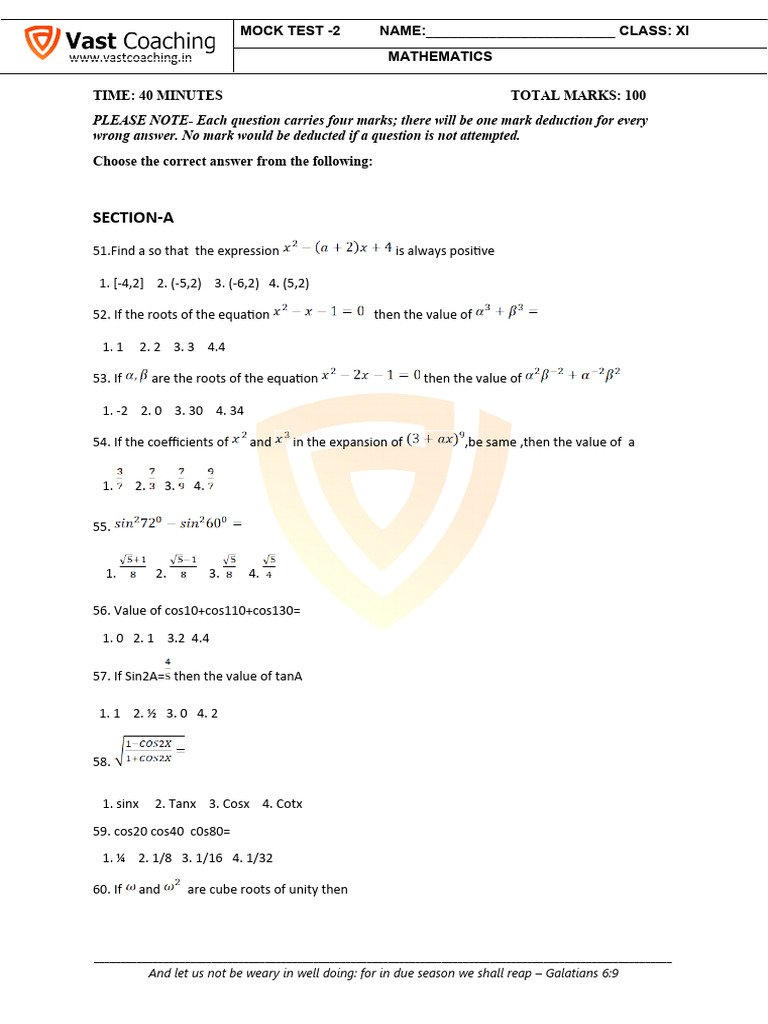 Mock Test2 MATHS (CLASS XI) | PDF | Triangle | Quadratic Equation