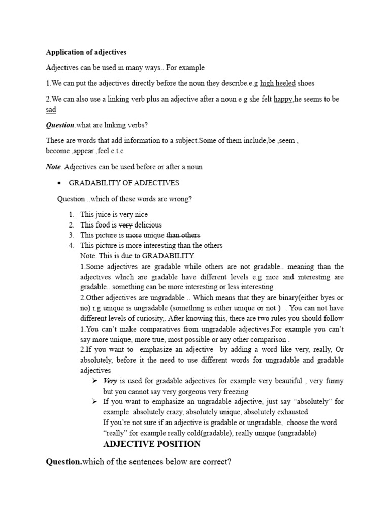 Adjective Usage and Gradability Guide | PDF | Adjective | Noun