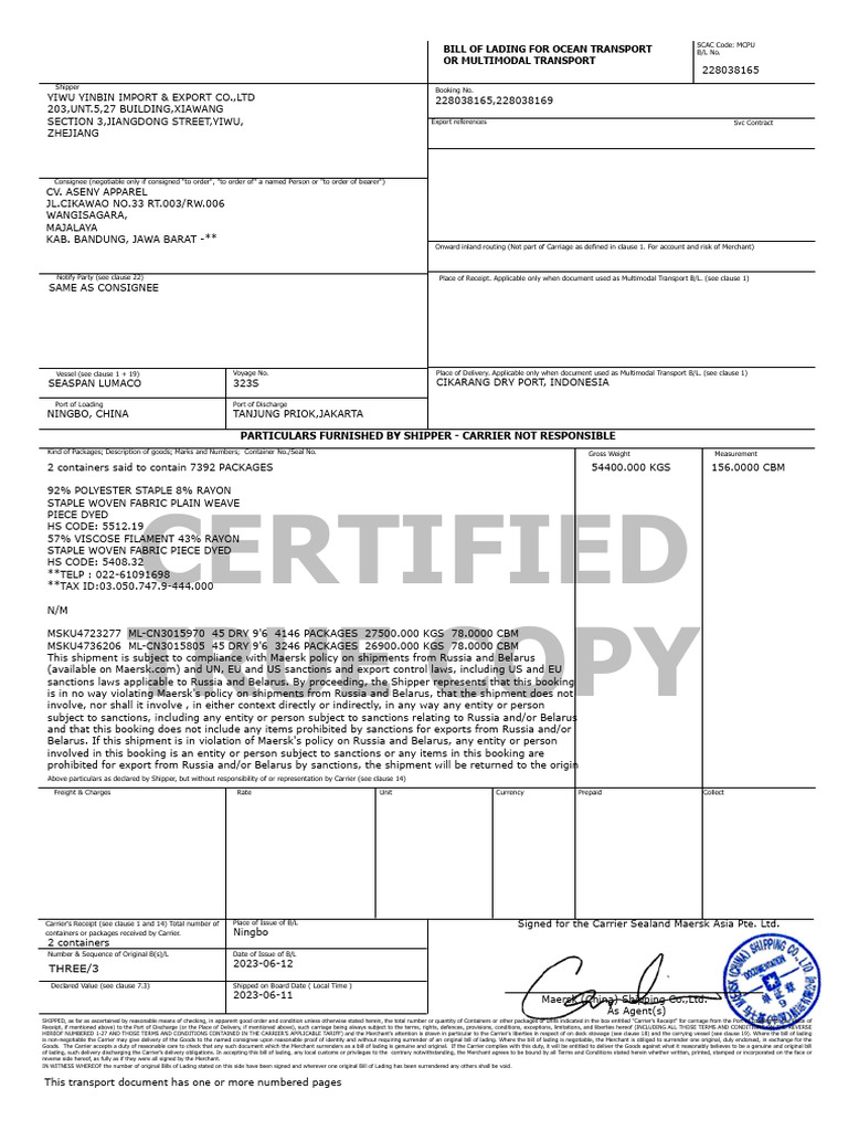 YL23-348-02 Qty.7392 BL | PDF | Bill Of Lading | Cargo
