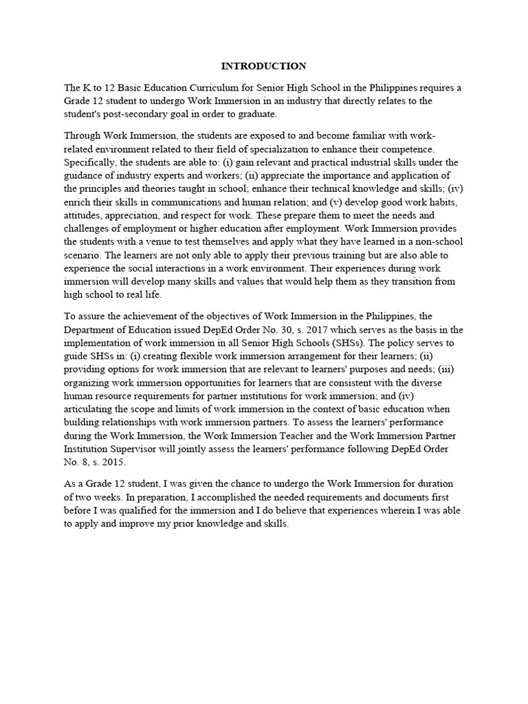K to 12 Work Immersion in the Philippines | PDF | Learning | Cognitive ...