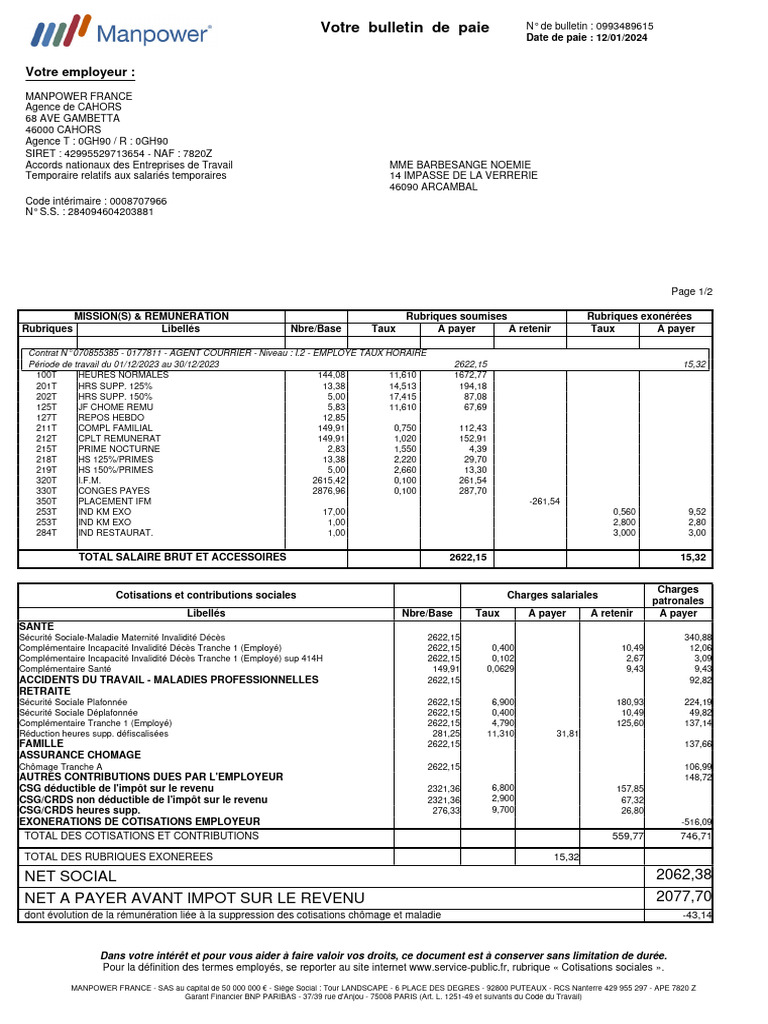 Bulletin de paie janvier 2024 | PDF | Impôt sur le revenu | Bulletin de ...