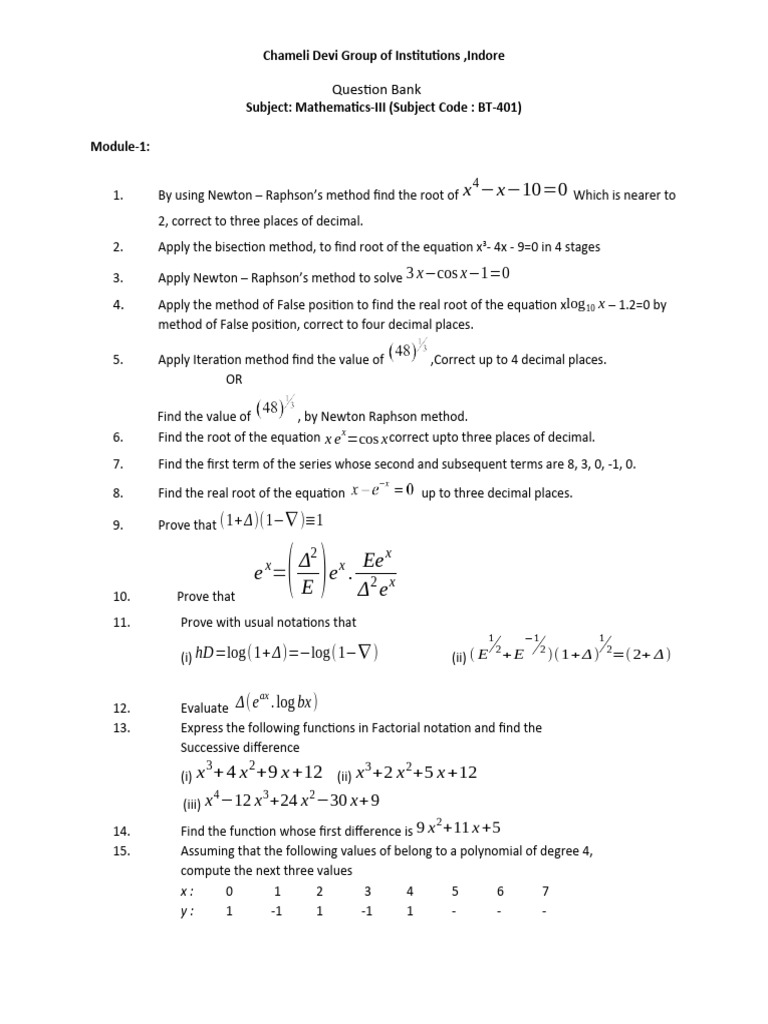 Mathematics-III Question Bank for BT-401 | PDF | Equations | Numerical ...