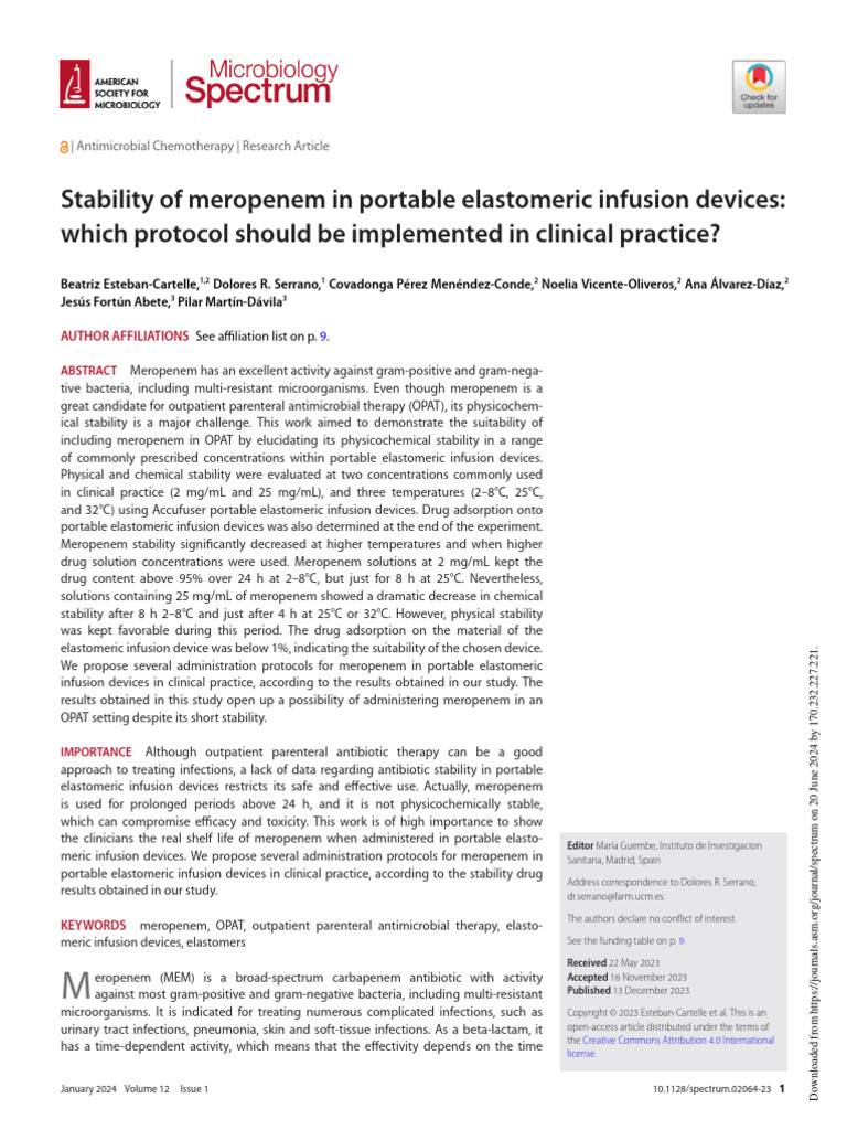 Stability of Meropenem in Portable Elastomeric Infusion Devices PDF