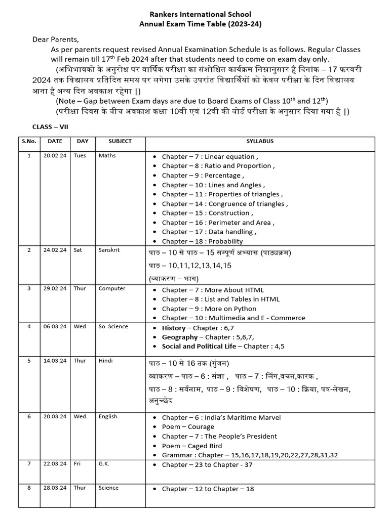 Rankers International School Exam Schedule | PDF