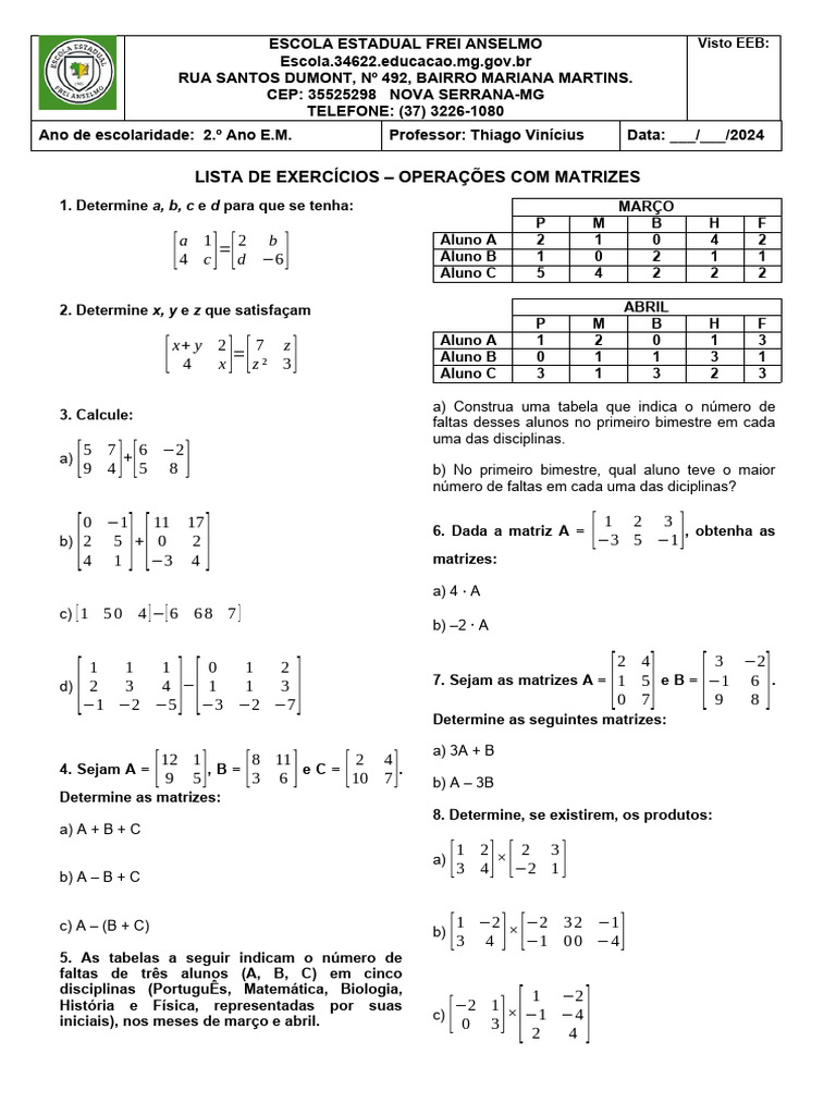 Exercícios de Operações com Matrizes | PDF