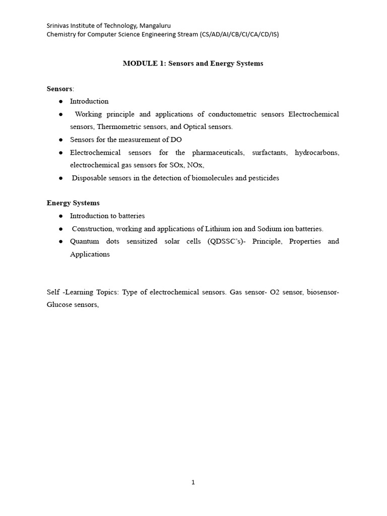 Module 1 Sensors and Energy Systems | PDF | Electrochemistry | Sensor