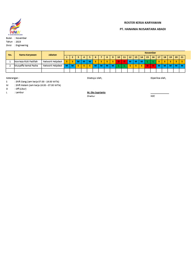 Roster Kerja Karyawan Engineering Nov 2023 & Des 2023 | PDF