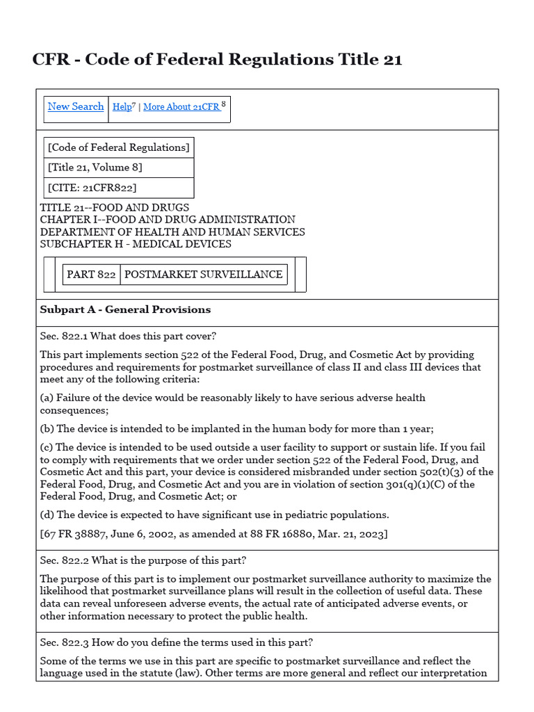 Postmarket Surveillance Requirements 21 CFR 822 | PDF | Food And Drug ...