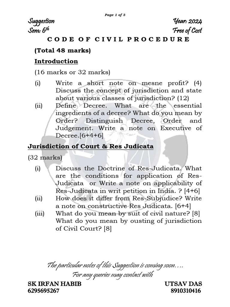 Civil Procedure Code 2024 Overview | PDF | Res Judicata | Separation Of ...