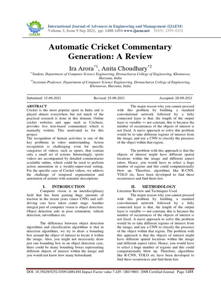 Automatic Cricket Commentary Generation A Review | PDF | Feasibility ...