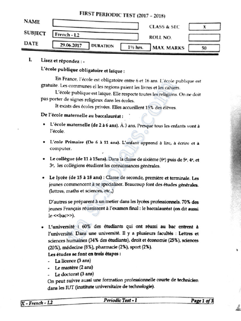 Pa1 French L2 X 2018 | PDF