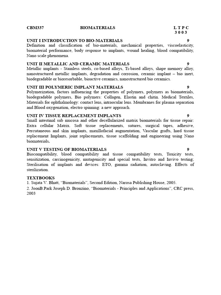 Cbm337 Biomaterials Syllabus Pdf Technology Engineering