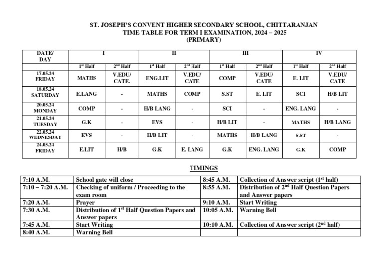 St. Joseph's School Term I Exam Timetable | PDF