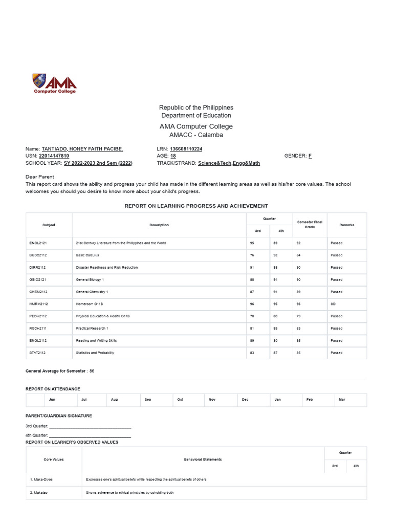 Grade Slip SHS2222 | PDF