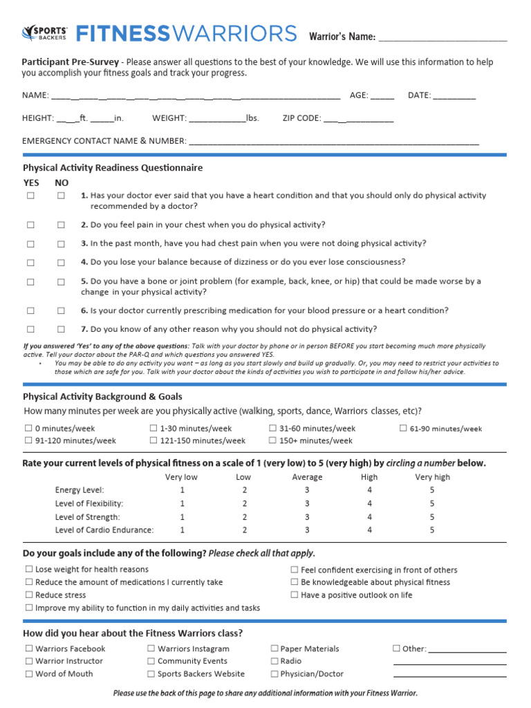 Fitness Activity Pre-Survey Form | PDF | Physical Fitness | Clinical ...