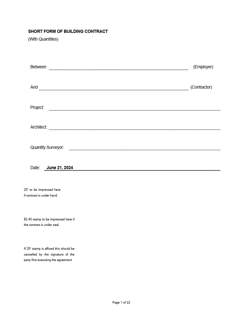 Short Form Building Contract Template | PDF | Liquidation | Employment